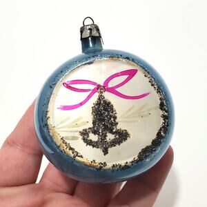 Vtg Hand Blown Blue Silver Glass Christmas Ornament Glitter Bell Poland Pink Bow